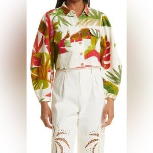 Farm Rio Forest Linen Blend Cropped Boxy Shirt Size Small